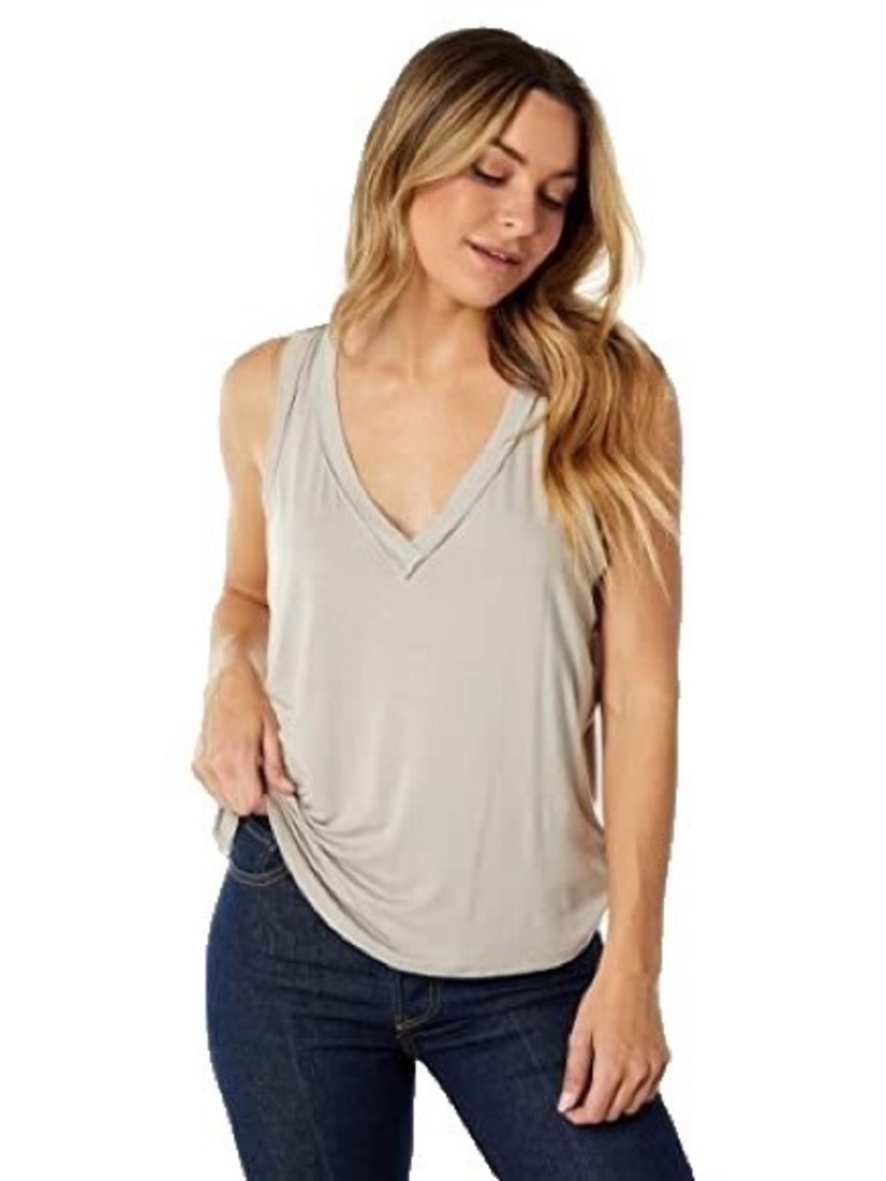 We The Free Relaxed V-Neck Exposed Hem Tank-Top Shirt Taupe Gray Medium
